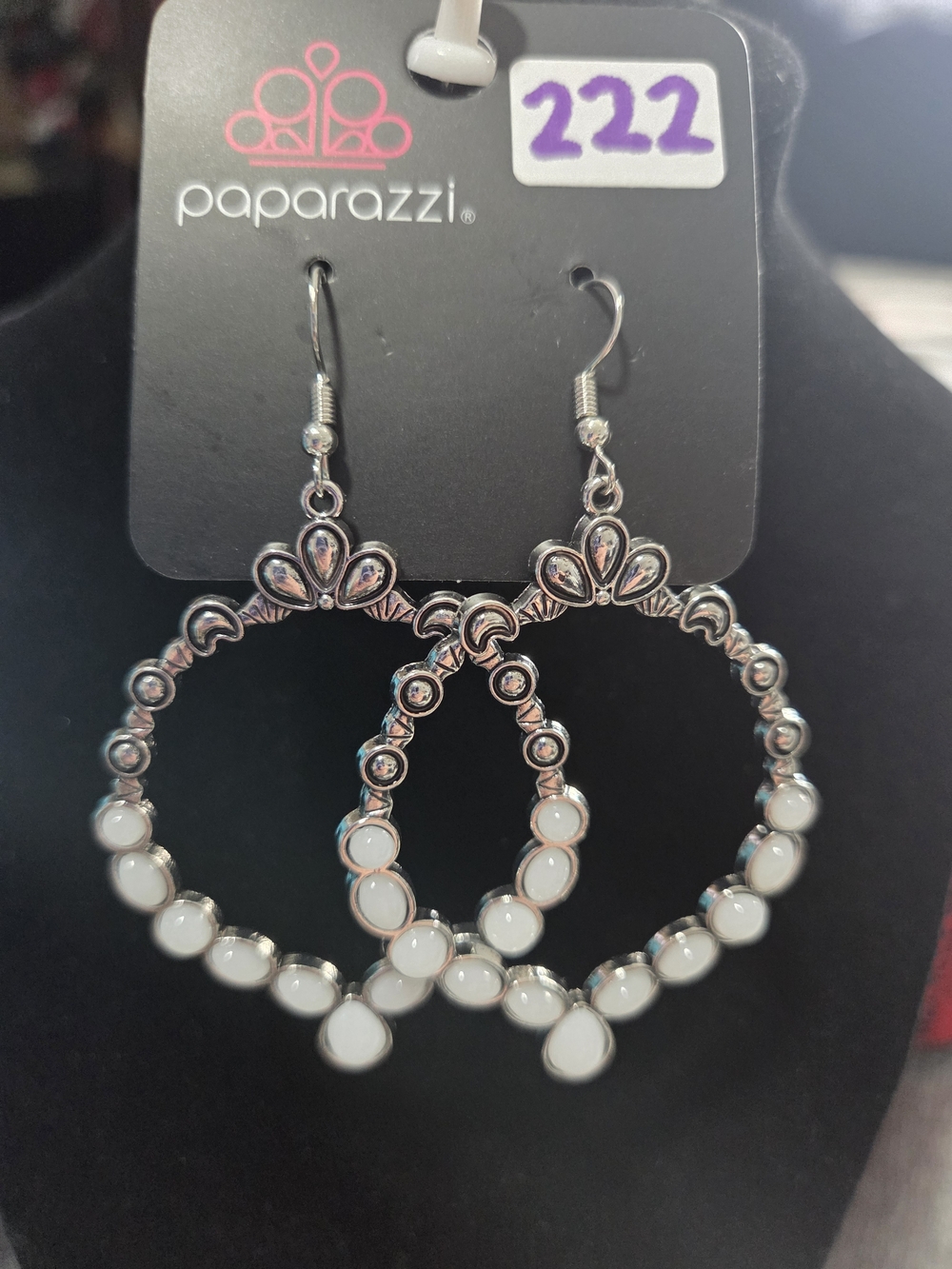 222# Paparazzi Silver-Tone Hoop Earrings with White Cabochons